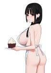  1girl :3 absurdres apron ass black_hair breasts cake closed_mouth commentary_request fffukuzawa food from_behind highres holding holding_plate large_breasts long_hair naked_apron original plate red_eyes simple_background solo standing whipped_cream white_apron white_background 