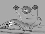 2024 anthro bear bed bedding belly big_belly blanket bottomwear canid canine canis cellphone clothing domestic_dog dot_eyes duo electronics furniture hi_res kemono lying male mammal overweight overweight_male pants phone pillow pommn_mn shirt smartphone topwear