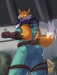 anthro balls belt bubble_butt butt canid canine clothing donttouchmylasagna epic_games fennix_(fortnite) fortnite fox fur genitals gloves glowing glowing_eyes handwear hi_res latex latex_clothing looking_at_viewer male mammal nervous nervous_sweat orange_body orange_fur shield_potion solo spikes standing straps surprise tail teeth white_body white_fur yellow_eyes