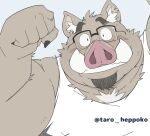 2024 anthro brown_body clothing eyewear glasses humanoid_hands kemono male mammal overweight overweight_male portrait shirt simple_background solo suid suina sus_(pig) taro_heppoko topwear wild_boar