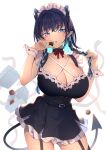  1girl absurdres belt blue_eyes blurry blurry_background braid breasts chocolate cleavage demon_tail detached_collar garter_straps hase_neet highres horns huge_breasts long_hair maid maid_headdress multicolored_hair original pointy_ears solo tail twin_braids two-tone_hair valentine wrist_cuffs 