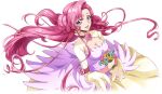  1girl armband artist_request blue_flower breasts cleavage cleavage_cutout clothing_cutout code_geass code_geass:_lost_stories dress earrings euphemia_li_britannia flower from_above game_cg happy highres holding holding_flower jewelry long_dress long_hair long_sleeves looking_at_viewer medium_breasts neck_flower non-web_source official_art open_mouth orange_flower own_hands_together pink_dress pink_flower pink_hair pink_rose purple_eyes red_flower rose sidelocks simple_background smile solo standing transparent_background two-tone_dress very_long_hair wide_sleeves wind 