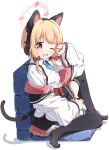  1girl animal_ear_headphones animal_ears black_skirt black_thighhighs blonde_hair blue_archive blush bow cat_tail drooling fake_animal_ears full_body hair_bow headphones highres momoi_(blue_archive) mouth_drool one_eye_closed open_mouth pleated_skirt red_bow red_eyes short_hair simple_background skirt solo tail thighhighs white_background yairo_ju 