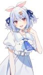  1girl :d animal_ears blue_hair blue_neckerchief blue_ribbon breasts carrot_hair_ornament curly_hair dress food-themed_hair_ornament gradient_hair hair_between_eyes hair_ornament hair_ribbon hand_in_own_hair hands_up highres hololive looking_at_viewer medium_breasts multicolored_hair neckerchief official_alternate_costume rabbit-shaped_pupils rabbit_ears rabbit_tail red_eyes ribbon sailor_collar sailor_dress short_eyebrows smile solo standing symbol-shaped_pupils tail teeth thick_eyebrows tomari_(veryberry00) two-tone_eyes two-tone_hair two_side_up upper_teeth_only usada_pekora usada_pekora_(casual) virtual_youtuber white_dress white_hair yellow_eyes 