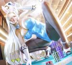  1girl 3d absurdres ace_(playing_card) ace_of_clubs animal_ears aqua_leotard asuna_(blue_archive) asuna_(bunny)_(blue_archive) asymmetrical_bangs bare_shoulders blonde_hair blue_archive blue_bow blue_bowtie blue_eyes blue_leotard bow bowtie breasts card casino casino_card_table champagne_flute chandelier cleavage club_(shape) covered_navel cup detached_collar drinking_glass fake_animal_ears gambling gloves hair_over_one_eye half-closed_eyes halo high_heels highleg highleg_leotard highres indoors large_breasts leotard long_hair looking_at_viewer mika_dawn mole official_alternate_costume on_table pantyhose playboy_bunny playing_card poker_chip poker_table rabbit_ears smile solo spread_legs squatting strapless strapless_leotard table thighband_pantyhose white_gloves 