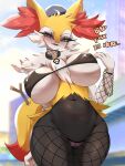 2024 3:4 anthro big_breasts braixen breasts canid canine clothed clothing dialogue digital_media_(artwork) english_text female fishnet fur generation_6_pokemon goth hat headgear headwear hi_res looking_at_viewer mammal nintendo pokemon pokemon_(species) sana!rpg seductive smile solo tail text thick_thighs