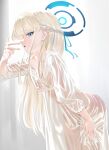  1girl blonde_hair blue_archive blue_eyes blue_hair blue_halo braid breasts cowboy_shot dress halo haoma highres long_hair long_sleeves looking_at_viewer medium_breasts multicolored_hair open_mouth see-through see-through_dress solo streaked_hair toki_(blue_archive) white_dress 