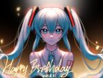  1girl black_sleeves blue_eyes blue_hair blue_necktie blue_trim chinese_commentary closed_mouth commentary_request dated detached_sleeves english_text hair_between_eyes happy_birthday hatsune_miku long_hair looking_at_viewer necktie shirt sleeveless sleeveless_shirt smile solo tie_clip twintails vocaloid white_shirt xianyujunzhimiyingla 