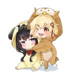  animal_hood black_hair blonde_hair blush bright_pupils chibi closed_mouth commentary cosplay full_body highres hood hug inoue_takina kigurumi long_hair looking_at_another lucferz lycoris_recoil medium_hair nishikigi_chisato one_eye_closed open_mouth purple_eyes red_eyes simple_background white_background white_pupils yuri 