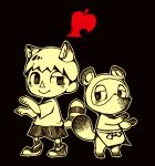  2boys :&gt; animal_crossing animal_ears ankle_socks apron black_background closed_mouth furry furry_male greyscale half-closed_eye kemonomimi_mode leaf looking_at_another male_focus mario_(series) monochrome multiple_boys outline paw_pose raccoon_boy raccoon_ears raccoon_tail shirt shoes short_hair short_sleeves shorts simple_background smile sneakers socks spot_color super_smash_bros. t-shirt tail teijiro tom_nook_(animal_crossing) triangle_nose villager_(animal_crossing) waist_apron white_outline 