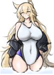  1girl animal_ear_fluff animal_ears arknights blonde_hair blush breasts covered_navel highres horse_ears horse_girl large_breasts long_hair looking_at_viewer nearl_(arknights) nearl_(shimmering_dew)_(arknights) one-piece_swimsuit swimsuit white_background yellow_eyes yosua_0669 