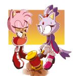  2girls absurdres amy_rose animal_ears blaze_the_cat cat_ears cat_girl cat_tail closed_eyes crossed_arms forehead_jewel fur-trimmed_gloves fur_trim furry furry_female gloves hammer hedgehog_girl highres holding holding_hammer multiple_girls novika pink_footwear ponytail sonic_(series) sweatdrop tail white_gloves 