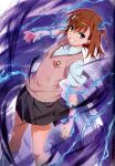  1girl absurdres breasts brown_eyes brown_hair clenched_teeth hair_ornament highres isshi_pyuma lightning looking_at_viewer medium_hair misaka_mikoto parted_lips scan school_uniform short_sleeves skirt small_breasts socks solo teeth toaru_kagaku_no_railgun toaru_majutsu_no_index vest 