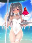  1girl ass_visible_through_thighs blue_sky blush breasts cloud day food grey_hair highres horizon ice_cream idolmaster idolmaster_shiny_colors long_hair looking_at_viewer ocean okuri_banto one-piece_swimsuit one_eye_covered outdoors parasol purple_eyes revision sky small_breasts solo summer swimsuit thigh_gap thighs umbrella white_one-piece_swimsuit yukoku_kiriko 