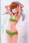  1girl absurdres armpits bikini blush breasts brown_eyes brown_hair closed_mouth frilled_bikini frills green_bikini hair_ornament highres holding isshi_pyuma looking_at_viewer medium_hair misaka_mikoto navel one_eye_closed scan small_breasts solo stomach swimsuit toaru_kagaku_no_railgun toaru_majutsu_no_index towel water water_drop 