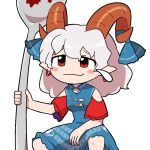 1girl blue_bow blush_stickers bow breasts brown_horns closed_mouth commentary curled_horns detached_sleeves dress earrings eye_print feet_out_of_frame grey_hair holding holding_spoon hoop_earrings horn_bow horn_ornament horns jewelry kasugai_(de-tteiu) looking_at_viewer meandros medium_bangs medium_hair oversized_object patterned_clothing pointy_ears red_eyes red_sleeves sheep_horns simple_background small_breasts smile solo spoon squatting sweatdrop symbol-only_commentary touhou toutetsu_yuuma unfinished_dream_of_all_living_ghost white_background 