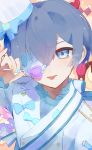  1boy blue_bow blue_eyes blue_hair blue_nails bow candy checkerboard_cookie chocolate ciel_phantomhive cookie eyepatch food fruit hair_between_eyes hat heart heart_lollipop highres holding holding_candy holding_food holding_lollipop kodona kuroshitsuji lolita_fashion lollipop looking_at_viewer male_focus mini_hat mini_top_hat multicolored_nails nrm_ron shaped_lollipop short_hair sidelocks solo strawberry suit tongue tongue_out top_hat white_headwear white_suit yellow_nails 