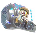  1girl beret blonde_hair brown_headwear commentary commission full_body gun hat inkling_girl inkling_player_character long_hair miko_(15476997) nautilus_(splatoon) parted_lips pointy_ears red_eyes sample_watermark simple_background sitting solo splatoon_(series) splatoon_3 sticker tentacle_hair watermark weapon white_background 
