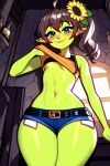  ai-generated ass breasts brown_hair colored_skin female_goblin goblin green_skin hair_ornament highres hololive monster_girl natsuiro_matsuri ponytail shirt short_shorts shorts side_ponytail small_breasts thighhighs underwear virtual_youtuber 