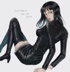  1girl bad_id bad_twitter_id black_dress black_hair blue_eyes blunt_bangs boots character_name dated dress high_heel_boots high_heels leather_dress long_sleeves looking_back medium_hair nico_robin one_piece simple_background sitting sleep_humubo solo thigh_boots white_background 