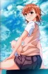  1girl absurdres arm_support blue_sky brown_eyes brown_hair closed_mouth cloud cloudy_sky hair_ornament highres isshi_pyuma knee_up looking_at_viewer medium_hair misaka_mikoto scan short_sleeves sitting skirt sky smile socks solo toaru_kagaku_no_railgun toaru_majutsu_no_index vest 