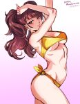  1girl alternate_costume artist_name bikini blush breasts brown_eyes brown_hair closed_mouth commentary dated earrings english_commentary jewelry kujikawa_rise lips long_hair looking_at_viewer medium_breasts mina_cream navel persona persona_4 pink_lips simple_background smile solo stomach swimsuit thighs twintails wavy_hair white_background yellow_bikini 