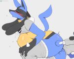anthro big_breasts blue_body blush bodily_fluids breasts clothed clothing cooliehigh duo eyes_closed female fur generation_4_pokemon grey_background hi_res lucario male male/female nintendo pokemon pokemon_(species) simple_background sweat