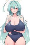  10eki_(tenchou) 1girl absurdres abydos_high_school_swimsuit ahoge bare_arms bare_legs bare_shoulders black_one-piece_swimsuit blue_archive breasts cleavage collarbone covered_navel green_hair hair_between_eyes halo highres huge_ahoge huge_breasts long_hair one-piece_swimsuit school_swimsuit simple_background solo swimsuit white_background yellow_halo yume_(blue_archive) 