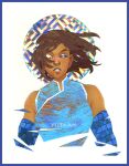  1girl artist_name avatar_legends bare_shoulders blue_border blue_gloves blue_shirt border breaking brown_hair circle cropped_torso crystal_eye dark-skinned_female dark_skin elbow_gloves gloves hair_lift heterochromia korra lips looking_at_viewer parted_lips shirt short_hair simple_background sleeveless sleeveless_shirt solo straight-on teeth the_legend_of_korra thick_eyebrows white_background wind wind_lift yutaan 