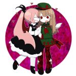  2girls beret black_dress black_footwear brown_hair colored_skin dress funamusea funamusea_(style) green_headwear green_sailor_collar green_shirt green_skirt haiiro_teien hat head_wings heart holding_hands kisaragi_kaya light_blush long_hair looking_at_another macarona_(haiiro_teien) multiple_girls neckerchief open_mouth outline parody pink_hair plaid_thighhighs pleated_skirt pointy_ears rawberry_preserves red_eyes red_neckerchief red_thighhighs sailor_collar shirt skirt smile style_parody sweatdrop thighhighs transparent_background white_outline white_skin white_sleeves wings yuri 