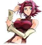  1girl artist_request bare_shoulders belt blue_eyes breasts brown_jumpsuit closed_mouth clothing_cutout code_geass code_geass:_lost_stories cropped_torso detached_sleeves dutch_angle game_cg hair_flaps hands_up headband holding_own_arm jumpsuit kallen_stadtfeld large_breasts long_sleeves looking_at_viewer navel non-web_source official_art red_hair red_headband red_shirt ribbed_shirt shirt short_hair short_jumpsuit sidelocks simple_background sleeveless_jumpsuit solo standing stomach stomach_cutout transparent_background undershirt upper_body v-shaped_eyebrows white_sleeves 