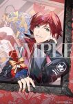  1boy black_gloves black_jacket box cocokanata copyright_name crown english_text feathers fingerless_gloves gift gift_box gloves green_eyes grin hand_on_own_face jacket lauren_iroas long_sleeves looking_at_viewer male_focus mirror nijisanji official_art picture_frame red_hair sample_watermark smile solo teeth virtual_youtuber watermark 