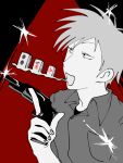  1boy akagi:_yami_ni_oritatta_tensai akagi_shigeru breast_pocket collared_shirt commentary_request flat_color fukumoto_mahjong greyscale_with_colored_background gun hamukichi handgun holding holding_gun holding_weapon mahjong_tile male_focus open_mouth pocket red_theme revolver shirt short_hair smile solo upper_body weapon 