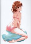  1girl absurdres ass ball bare_shoulders barefoot blush bra brown_eyes brown_hair closed_mouth exercise_ball feet from_behind full_body hair_ornament highres isshi_pyuma legs looking_at_viewer medium_hair misaka_mikoto panties scan see-through smile soles solo toaru_kagaku_no_railgun toaru_majutsu_no_index toes underwear 