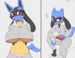 absurd_res anthro biped blue_body blush breasts cleavage clothed clothing cooliehigh female fur generation_4_pokemon hi_res lucario nintendo pokemon pokemon_(species) red_eyes tan_body tan_fur