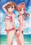  2girls absurdres arm_up ass bikini blue_sky blush breasts brown_eyes brown_hair closed_mouth cloud cloudy_sky frilled_bikini frills hair_ornament hand_on_own_chest highres isshi_pyuma looking_at_viewer misaka_mikoto multiple_girls navel ocean ponytail side_ponytail sky small_breasts smile stomach swimsuit thighs toaru_kagaku_no_railgun toaru_majutsu_no_index water 