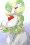  1girl absurdres areola_slip artist_name blue_background blush bob_cut breasts cleavage closed_mouth commentary_request covered_nipples cowboy_shot crossed_arms gardevoir green_hair hair_over_one_eye half-closed_eyes happy highres huge_breasts looking_down one_eye_covered partial_commentary pokemon pokemon_(creature) red_eyes shiny_skin shirt short_hair signature simple_background smile solo standing traditional_media two-tone_background uka_(pixiv_92629239) white_shirt wide_hips 