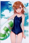  1girl absurdres bare_shoulders blue_sky blush breasts brown_eyes brown_hair cloud cloudy_sky collarbone day hair_ornament highres holding innertube isshi_pyuma looking_at_viewer medium_hair misaka_mikoto one-piece_swimsuit open_mouth outdoors scan sky small_breasts solo swim_ring swimsuit toaru_kagaku_no_railgun toaru_majutsu_no_index 