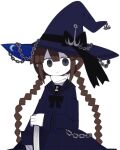  1girl anchor_hat_ornament black_bow black_bowtie black_ribbon blue_headwear blue_sailor_collar blue_serafuku blue_skirt bow bowtie braid brown_hair chain colored_skin funamusea funamusea_(style) grey_eyes hair_between_eyes hand_on_own_arm hat hat_ornament hat_ribbon kisaragi_kaya long_hair oounabara_to_wadanohara parody partially_shaded_face pleated_skirt pointy_ears ribbon sailor_collar school_uniform serafuku sidelocks skirt smile solo style_parody transparent_background twin_braids wadanohara white_skin witch_hat 