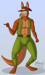 2024 3_toes 4_fingers abs anthro athletic athletic_anthro athletic_male aussie_roo barefoot black_nose bottomwear brown_body brown_fur clothed clothing dinky_di&#039;s feet fingers fur gesture hat headgear headwear hi_res hindpaw humanoid_hands kangaroo macropod male mammal marsupial navel pants paws pointing signature solo standing strikersa toes topwear vest visor