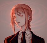  1girl black_necktie black_suit braid braided_ponytail chainsaw_man chinese_commentary commentary_request czy_(2894456992) highres makima_(chainsaw_man) necktie orange_eyes parted_lips portrait profile red_hair ringed_eyes sidelocks single_braid solo suit 