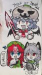  +++ 3girls bat_wings black_ribbon black_wings blue_eyes blue_hair chibi chinese_commentary chinese_text colored_skin commentary_request green_headwear green_ribbon green_vest grey_hair hair_between_eyes halloween hat hat_ornament highres hong_meiling izayoi_sakuya long_hair long_sleeves marker_(medium) mob_cap multiple_girls neck_ribbon open_mouth parted_bangs puffy_short_sleeves puffy_sleeves red_eyes red_hair red_ribbon remilia_scarlet ribbon shirt short_hair short_sleeves sleeves_past_fingers sleeves_past_wrists smile star_(symbol) star_hat_ornament touhou traditional_media translation_request trick_or_treat vest white_shirt white_skin wings xianyujunzhimiyingla 