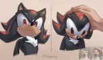  1boy 1other 9raviolly animal_ears animal_nose artist_name black_fur body_fur brown_background closed_mouth english_commentary furry furry_male hand_on_another&#039;s_head headpat hedgehog hedgehog_ears highres looking_at_viewer looking_down red_eyes red_fur shadow_the_hedgehog simple_background sonic_(series) standing two-tone_fur upper_body 
