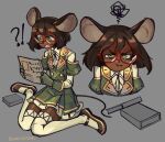  animal_ears artist_name bad_link blush book bumblesteak dark-skinned_female dark_skin glasses green_eyes grey_background highres looking_at_viewer mouse_ears mouse_girl mouse_tail newspaper nose olive_(bumblesteak) open_mouth original short_hair simple_background solo tail thighhighs 