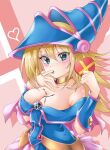  1girl bare_shoulders blonde_hair blue_headwear blush blush_stickers box breasts chocolate chocolate_on_body chocolate_on_breasts choker cleavage dark_magician_girl duel_monster finger_in_own_mouth food_on_body green_eyes hair_between_eyes hat heart-shaped_box highres large_breasts long_hair looking_at_viewer nobea solo valentine wizard_hat yu-gi-oh! yu-gi-oh!_duel_monsters 
