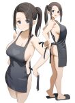  1girl :d absurdres apron ass black_hair blue_eyes breasts cleavage commentary_request grey_apron highres large_breasts looking_at_viewer naked_apron open_mouth original side_ponytail sideboob sidelocks slippers smile standing thighs tying_apron yuu_(yuu_ammy) 