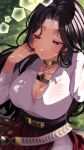  1girl belt black_belt black_hair blurry blurry_background breast_pocket breasts chest_strap cleavage collared_shirt dark-skinned_female dark_skin earrings hand_in_own_hair highres jewelry large_breasts long_hair low_neckline mole mole_on_breast mole_under_eye necklace nijisanji nijisanji_en plaid plaid_skirt pocket red_eyes red_skirt scarle_yonaguni shirt skirt solo sweat tote_(iss6npokc8ohciq) virtual_youtuber white_belt white_shirt 