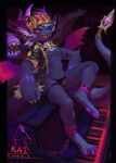 2018 2_horns 3_toes 4_fingers absurd_res anthro athletic athletic_anthro athletic_male biped blue_body blue_fur bracelet chain clothing crown dark_room dragon dragon_village_m feet fingers fur furred_dragon headgear hi_res horn jewelry jockstrap kemono keyboard_instrument leg_cuffs magnas male monotone_body monotone_fur musical_instrument nekokaii piano red_eyes sitting_on_piano solo spiked_bracelet spikes toes underwear