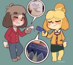 animal_crossing anthro blush bottomwear brother_(lore) brother_and_sister_(lore) canid canine canis clothed clothing digby_(animal_crossing) domestic_dog english_text female hi_res implied_incest isabelle_(animal_crossing) male mammal necktie nintendo porldraws shih_tzu shirt sibling_(lore) simple_background sister_(lore) skirt text topwear toy_dog twins_(lore)
