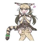  1girl animal_ears bare_shoulders belt camouflage cat_ears cat_girl cat_tail elbow_gloves extra_ears fingerless_gloves gloves grey_hair haro_(halo_kabe) heart highres jacket jungle_cat_(kemono_friends) kemono_friends kemono_friends_v_project long_hair microphone ribbon shirt simple_background skirt solo tail thighhighs twintails virtual_youtuber yellow_eyes 